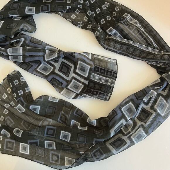 Vintage 90s Blue Green Mod Square Print Semi Sheer Long Wrap Scarf - Picture 6 of 7